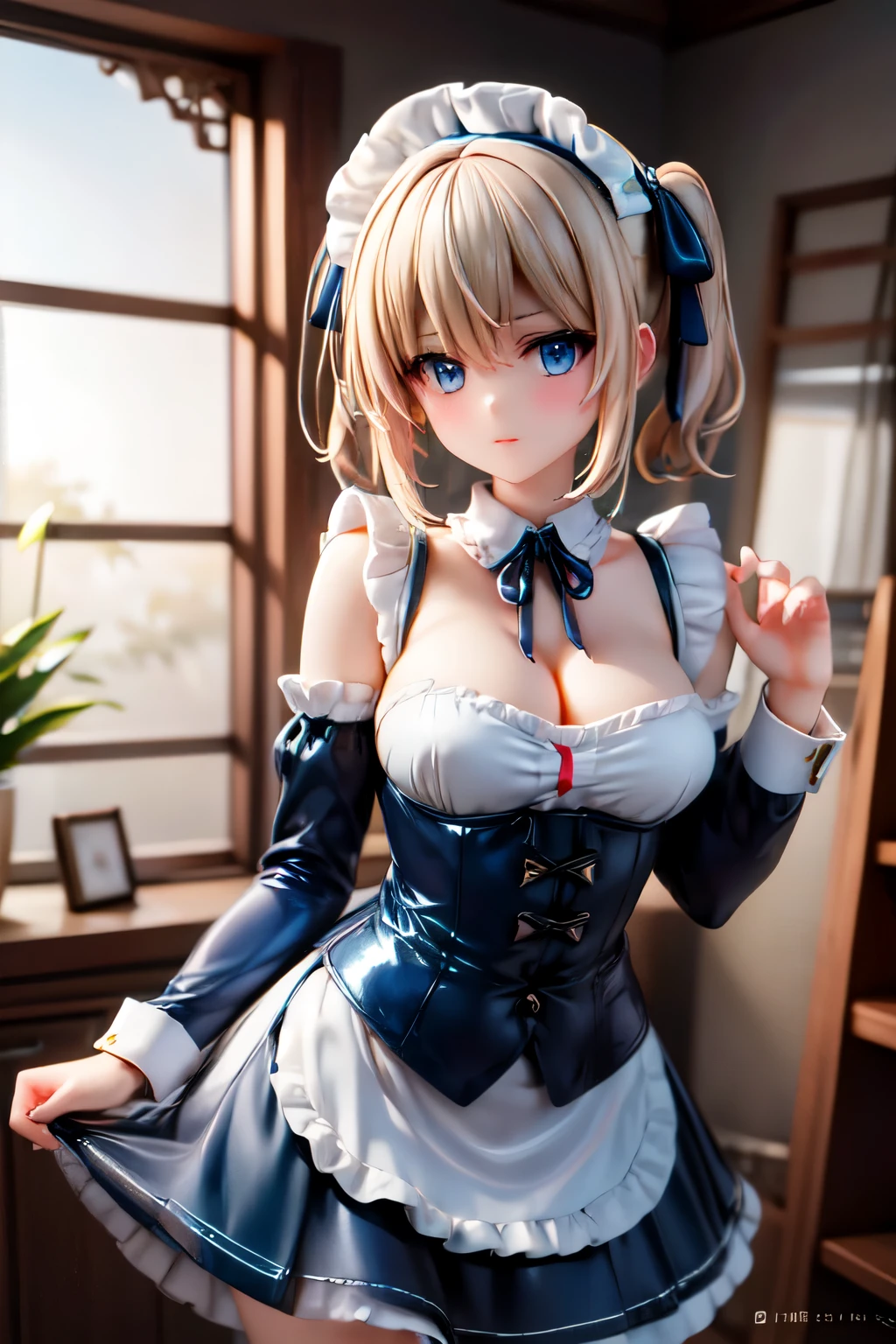 Solo Girl,20-year-old, Medium Hair,Twin tail hair,Blue Ribbon,View your viewers,Dark blonde hair, blue eyes, Large Breasts,Happy,Maid clothes,Cleavage,mini skirt,Long sleeve,indoor,Western-style building,Highest quality, High resolution, Very detailed, Detailed Background, Perfect lighting