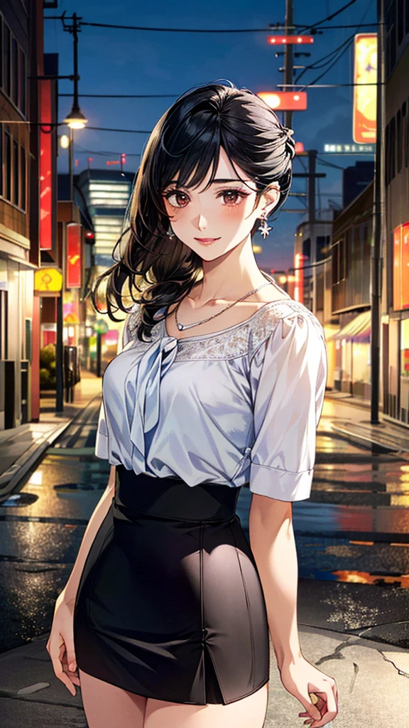 (masterpiece:1.3, Highest quality, Ultra-high resolution, Super detailed), (Realistic, photoRealistic:1.4), Beautiful illustrations, Perfect lighting, colorful, Depth of written boundary,
Beautiful detailed hair, Beautifully detailed face, Beautiful fine details, Beautiful clavicle, Beautiful body, 美しいLarge Breasts, Beautiful thighs, Beautiful feet, Beautiful fingers,
View Viewer、Front view:0.6, Beauty1人, Japanese, Beauty、30 years old, Perfect Face, (Perfect Anatomy, Anatomically correct), Cute and symmetrical face, Baby Face, , Shiny skin,
((Fashionable blouses:1.4)),((Wraparound skirt:1.5))
(Black Hair, Medium、Updo Hair:1.4), Dark brown eyes, (Large Breasts), Slim body,
necklace, Small earrings:1.1,
(Beautiful views), (night), (city, cityscape in the distance), Standing with good posture, A soft smile、(Smile, Lips parted),