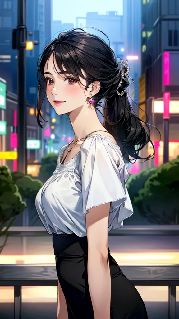 (masterpiece:1.3, Highest quality, Ultra-high resolution, Super detailed), (Realistic, photoRealistic:1.4), Beautiful illustrations, Perfect lighting, colorful, Depth of written boundary, 
Beautiful detailed hair, Beautifully detailed face, Beautiful fine details, Beautiful clavicle, Beautiful body, 美しいLarge Breasts, Beautiful thighs, Beautiful feet, Beautiful fingers, 
View Viewer、Front view:0.6, Beauty1人, Japanese, Beauty、30 years old, Perfect Face, (Perfect Anatomy, Anatomically correct), Cute and symmetrical face, Baby Face, , Shiny skin, 
((Fashionable blouses:1.4)),((Wraparound skirt:1.5))
(Black Hair, Medium、Updo Hair:1.4),  Dark brown eyes, (Large Breasts), Slim body, 
necklace, Small earrings:1.1, 
(Beautiful views), (night), (city, cityscape in the distance), Standing with good posture, A soft smile、(Smile, Lips parted), 