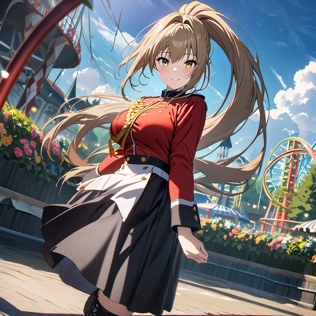 A woman wearing a long-sleeved royal guard style uniform, black skirt, black boots, big breasts, caramel hair, long hair, ponytail hair, yellow eyes, smiling, big breasts, walking on the ground of a well-detailed amusement park, Daytime location with blue sky and clouds.. (solo woman),flower, UHD, masterpiece, accurate, anatomically correct, textured skin, super detail, high quality, best quality, 8k, high resolution, bokeh effect.


