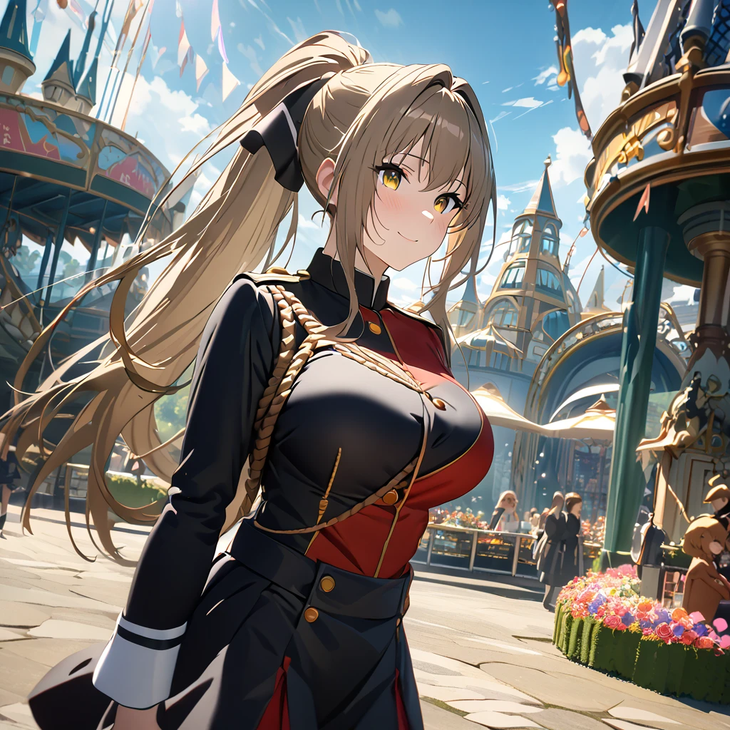 A woman wearing a long-sleeved royal guard style uniform, black skirt, black boots, big breasts, caramel hair, long hair, ponytail hair, yellow eyes, smiling, big breasts, walking on the ground of a well-detailed amusement park, Daytime location with blue sky and clouds.. (solo woman),flower, UHD, masterpiece, accurate, anatomically correct, textured skin, super detail, high quality, best quality, 8k, high resolution, bokeh effect.


