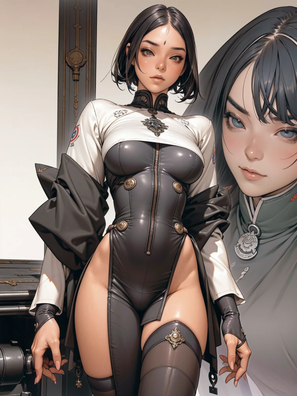 (((devilish smile))), (((Korean girl))), (((melhor qualidade: 1.4))), (((cabelo corte bob preto com franja e mechas brancas))), (((DuneWalker))), (((post-apocalypse))), (((pele bronzeada))), (Unbeatable masterpiece), (hiper HD),(CG 8k hiper-realista), 1Garota armada em um mundo futurista, (((dunewalker))), (((black and white Bob haircut style))), Coronel Motoko, modern clothes with macrostructure composing her slender body with perfect proportions, hexagonal patterns, cabelo colorido, cyberpunk de atitude, pose ativa, mecanismos vivos, fundo parede grafitada, ((( girl))), (((melhor qualidade: 1.4))), (((short haircut))), (Unbeatable masterpiece), (hiper HD),(CG 8k hiper-realista), (((seiondes))), (((hiper feminina))), sexy girllack tattoo,（cabelo de cor escura com franja branca), ((( corpo fitness))), (((1 garota))), garota tatuada de 25 anos com corperfeito,,Rosto lindo e bem cuidado,muscular corpo:1.2,solid color detailed jacket, (Head to thigh photos)， Equipamento complexo, verde escuro，long pants，Tight clothes are dark，Com estrelas brancas, Armor Metal Electronic Parts, Tatuagens de veneno ) INFO, garota, (((Sozinho))), pirralha Violento, (((14 anos))), sex de atitude,ra de arte, post-apocalypse, (((manga style))), Bounty Hunter, Violento, Manic, cara de mau, corpo esguio, magra mas forte, corpo perfeito, roupa moderna, Advanced technology, Pleated mini skirt with checkered pattern in red and black, jaqueta tipo gola de pele, sleeves with vertical striped pattern, fundo neutro, (( tiro de vaqueiro )). visual intrincado