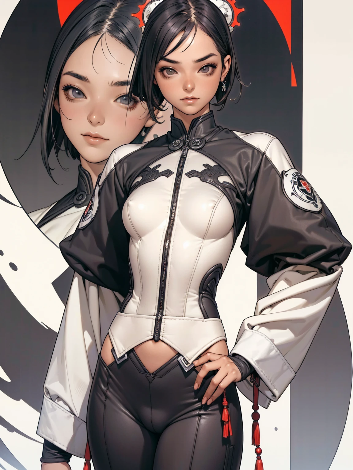 (((devilish smile))), (((Korean girl))), (((melhor qualidade: 1.4))), (((cabelo corte bob preto com franja e mechas brancas))), (((DuneWalker))), (((post-apocalypse))), (((pele bronzeada))), (Unbeatable masterpiece), (hiper HD),(CG 8k hiper-realista), 1Garota armada em um mundo futurista, (((dunewalker))), (((black and white Bob haircut style))), Coronel Motoko, modern clothes with macrostructure composing her slender body with perfect proportions, hexagonal patterns, cabelo colorido, cyberpunk de atitude, pose ativa, mecanismos vivos, fundo parede grafitada, ((( girl))), (((melhor qualidade: 1.4))), (((short haircut))), (Unbeatable masterpiece), (hiper HD),(CG 8k hiper-realista), (((seios grandes))), (((hiper feminina))), sexy girl, black tattoo,(cabelo de cor escura com franja branca), ((( corpo fitness))), (((1 garota))), garota tatuada de 25 anos com corpo perfeito,,Rosto lindo e bem cuidado,muscular corpo:1.2,solid color detailed jacket, (Head to thigh photos), Equipamento complexo, verde escuro,long pants,Tight clothes are dark,Com estrelas brancas, Armor Metal Electronic Parts, Tatuagens de veneno ) INFO, garota, (((Sozinho))), pirralha Violento, (((14 a sexy, pose de atitude, obra de arte, post-apocalypse, (((manga style))), Bounty Hunter, Violento, Manic, cara de mau, corpo esguio, magra mas forte, corpo perfeito, roupa moderna, Advanced technology, Pleated mini skirt with checkered pattern in red and black, jaqueta tipo gola de pele, sleeves with vertical striped pattern, fundo neutro, (( tiro de vaqueiro )). visual intrincado