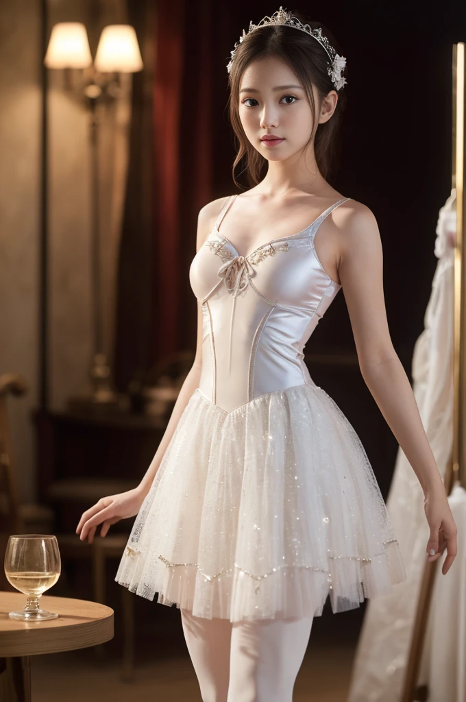 ((Tabletop:1.4, Highest quality)), (Realistic photos:1.4), ((1 Girl)), (Adorable Idol), (dream-like), (超High resolution:1.2), Very delicate and beautiful, wonderful, Very detailedな CG Unity 8k 壁紙, Very detailed, High resolution, Soft Light, Beautiful detailed girl, Very detailedな目と顔, Beautiful and exquisite nose, Beautiful and exquisite, (Wearing a white ballet costume, Long skirt:1.3), Cinema Lighting, Perfect Anatomy, Slender body, (I'm dance ballet:1.3), (Formal stage), (Beauty like a Degas painting), Cowboy Shot, (Serious face)