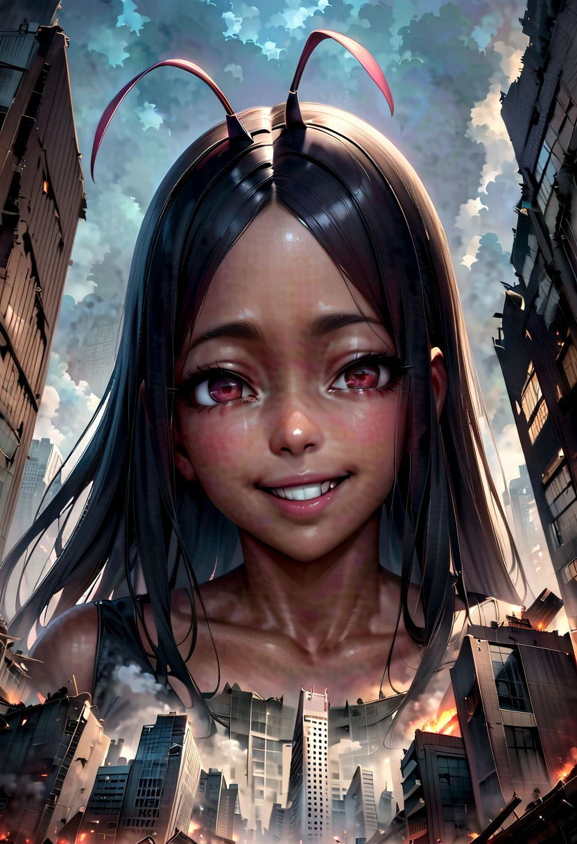Low angle of feet、destroyed ground、lots of building、female、giant cockroach、Anthropomorphic cockroach、Looking up from the feet、whole body、female、Make women bigger、Giant娘、giantess、Realistic、Cute face、歩くGiant宇宙人女性、masterpiece、Highest quality、Very detailed、Detailed body、Detailed face、Narrow eyes、Giant black skinned woman、Giant、Head with antennae、smile、Giant娘に破壊される小さな街、街を蹂躙するGiant娘、Smoke-filled city、rubble、Gloomy Weather、Scary atmosphere、Real Anime、Real Animeスタイル、whole body図、Portrait、Walking towards here、The fugitive々、Anatomically correct、