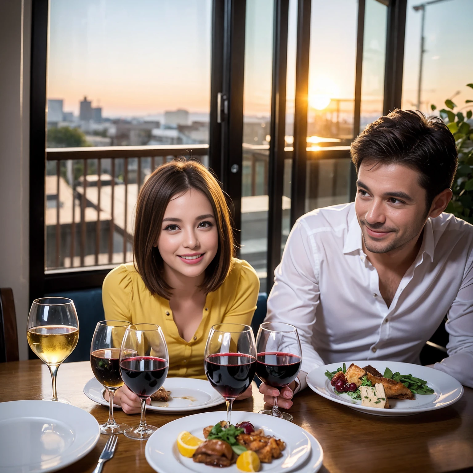 ((Highest quality、8k、masterpiece:1.3))、 (Genuineistic, Genuine、Bright image、Intricate details:1.2), 最高のsmile、1 male,1 female、Beautiful couple、spouse、fiancee、Good friends、actress couple、smile、Full-course dinner at a packed table、 (Slim face), (the body is slim), (Brown Hair), (short hair), テーブルのwine glass、Please shine a light on my face、 Amazing view of the sunset sky and clouds、 (42 years old)38 years old, red wine 、Appetizers、Wine bottle、sparkling wine、Long sleeve shirt、dress、White wine, red wine, wine glass,