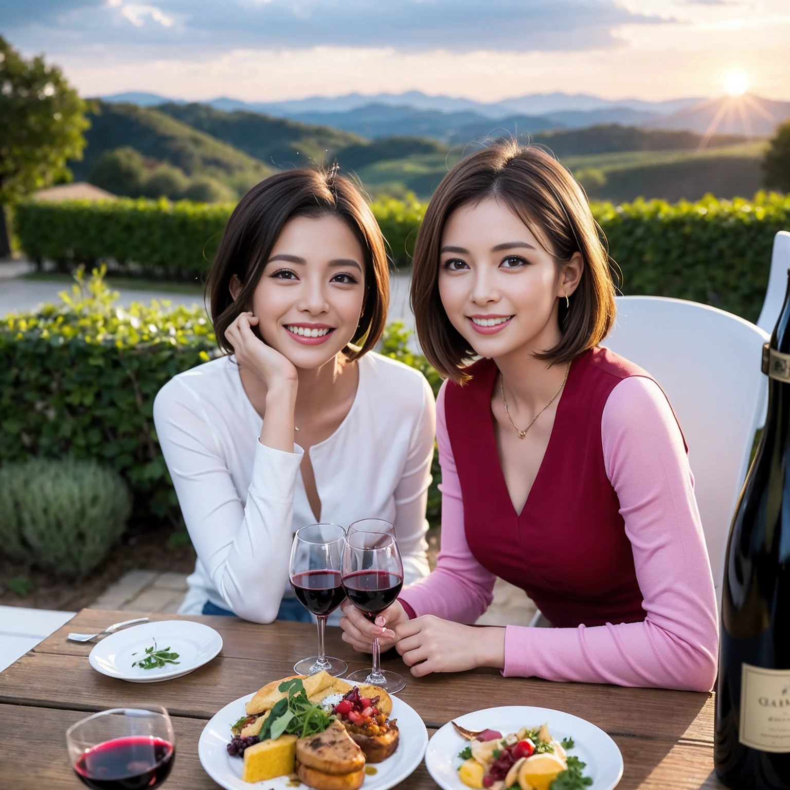 ((Highest quality、8k、masterpiece:1.3))、 (Genuineistic, Genuine、Bright image、Intricate details:1.2), 最高のsmile、1 male,1 female、Beautiful couple、spouse、fiancee、Good friends、actress couple、smile、Full-course dinner at a packed table、 (Slim face), (the body is slim), (Brown Hair), (short hair), テーブルのwine glass、Please shine a light on my face、 Amazing view of the sunset sky and clouds、 (42 years old)38 years old, red wine 、Appetizers、Wine bottle、sparkling wine、Long sleeve shirt、dress、White wine, red wine, wine glass, 