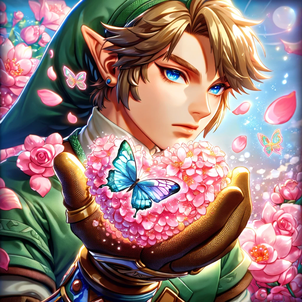 absurdres, highres, ultra detailed, HDR, master piece, best quality, Link, brown hair, expressive blue eyes, the legend of zelda twilight princess, solo, sexy man, handsome, green tunic, green hat, brown gauntlets, magical, fantasy, shining, pink flowers, pink blossoms, pink butterflies, pink petals, water