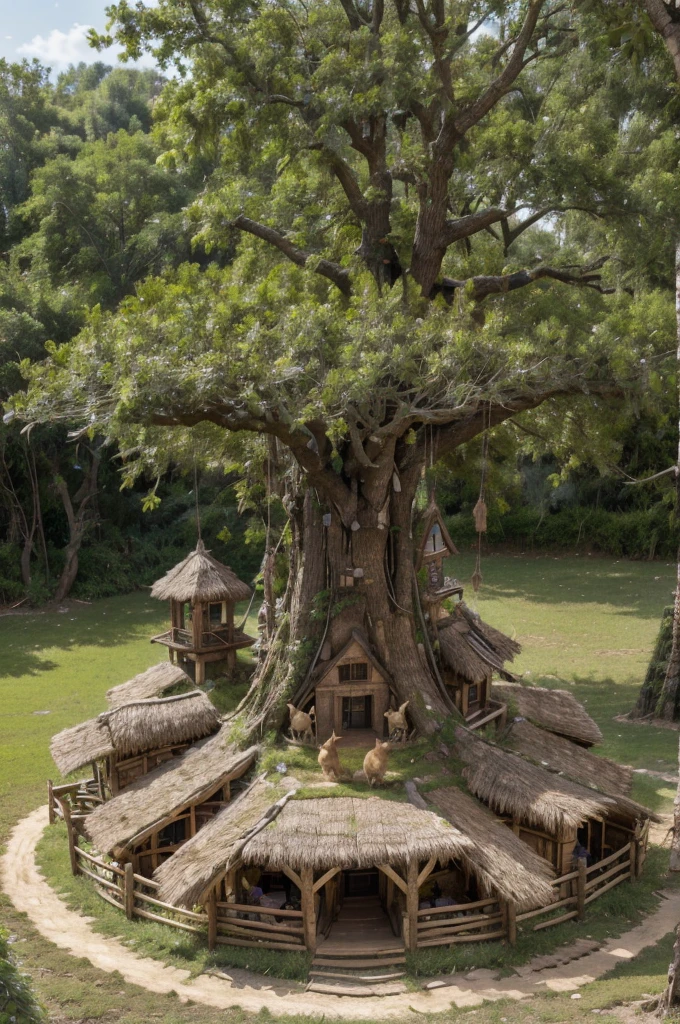 a village made out of wood and branches in a giant tree with a group of anthropomorphic rabbits dressed in leather skins living there, masterpiece, best, photo realistic