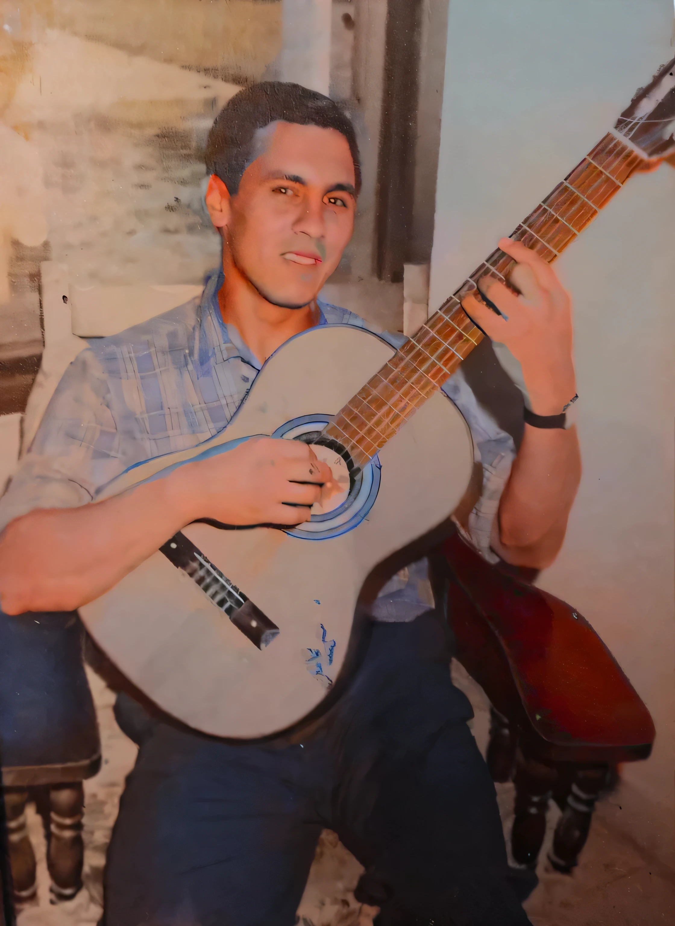 hombre arafed sentado en una silla sosteniendo una guitarra frente a una ventana, carmelo blandino, a foto coloreada, coloreado, inspired by Agustín Fernández, jose miguel roman frances, inspired by Benito Quinquela Martín, foto coloreada, Caio Santos, tocando la guitarra, inspired by Carlos Saenz de Tejada