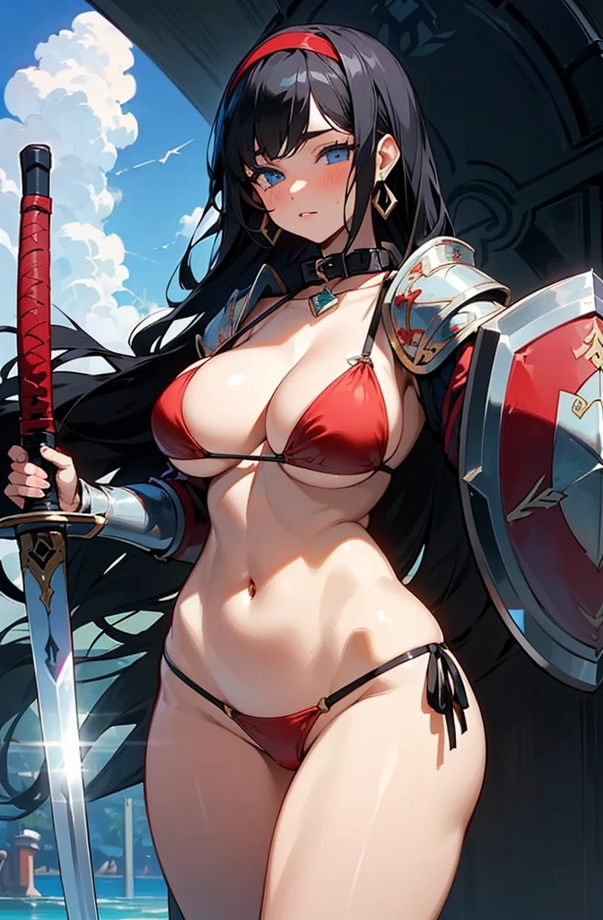 (((ung woman))), ((((((solo)))))), long hair, (large breasts), ((thick thighs)), jewelry,(((holding shield))), (((holding sword))), (((jet black hair))),(((red thong bikini))),earrings,collar,navel,hairband,(((blue eyes))), cleavage,blush,(((bikini armor)))