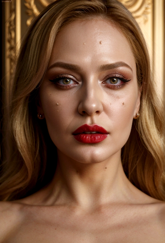 (masterpiece, Best quality, professional, perfect composition, very aesthetic, absurdity, ultra detailed, complex parts:1.3) Movie frame, Russian mature woman, a lot of makeup, sexy face with full makeup, blonde, Red lipstick