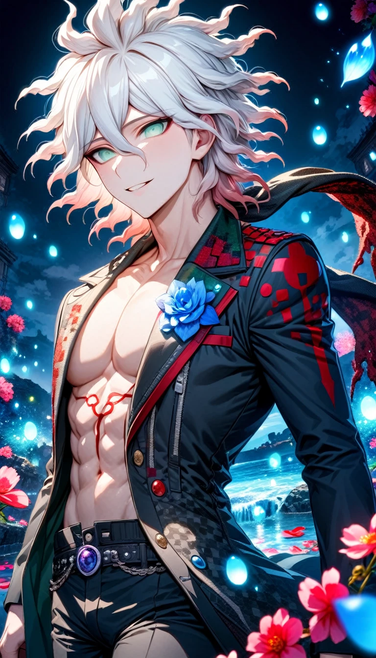 Ultra detailed, Highres, absurdres, HDR, Komaeda Nagito, white hair, expressive gray-green eyes, black scarf with red patterns, Danganronpa 2, fantasy, petals, handsome, sexy man, solo, very detailed eyes and face, master piece, blue flowers, shining blue fireflies, petals, magical, water, black long coat, black pants, white shirt, toned chest, blue moon, handsome smile