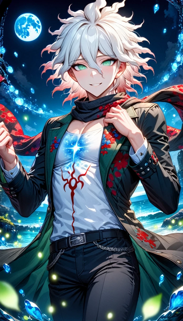 Ultra detailed, Highres, absurdres, HDR, Komaeda Nagito, white hair, expressive gray-green eyes, black scarf with red patterns, Danganronpa 2, fantasy, petals, handsome, sexy man, solo, very detailed eyes and face, master piece, blue flowers, shining blue fireflies, petals, magical, water, black long coat, black pants, white shirt, toned chest, blue moon, handsome smile