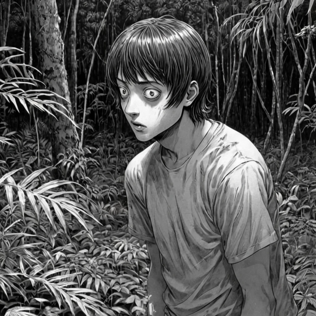 1man, Amazon rainforest, (anime), bizarre scenario, Junji Ito, Yusuke Murata, black and white, 8k, anime, horror