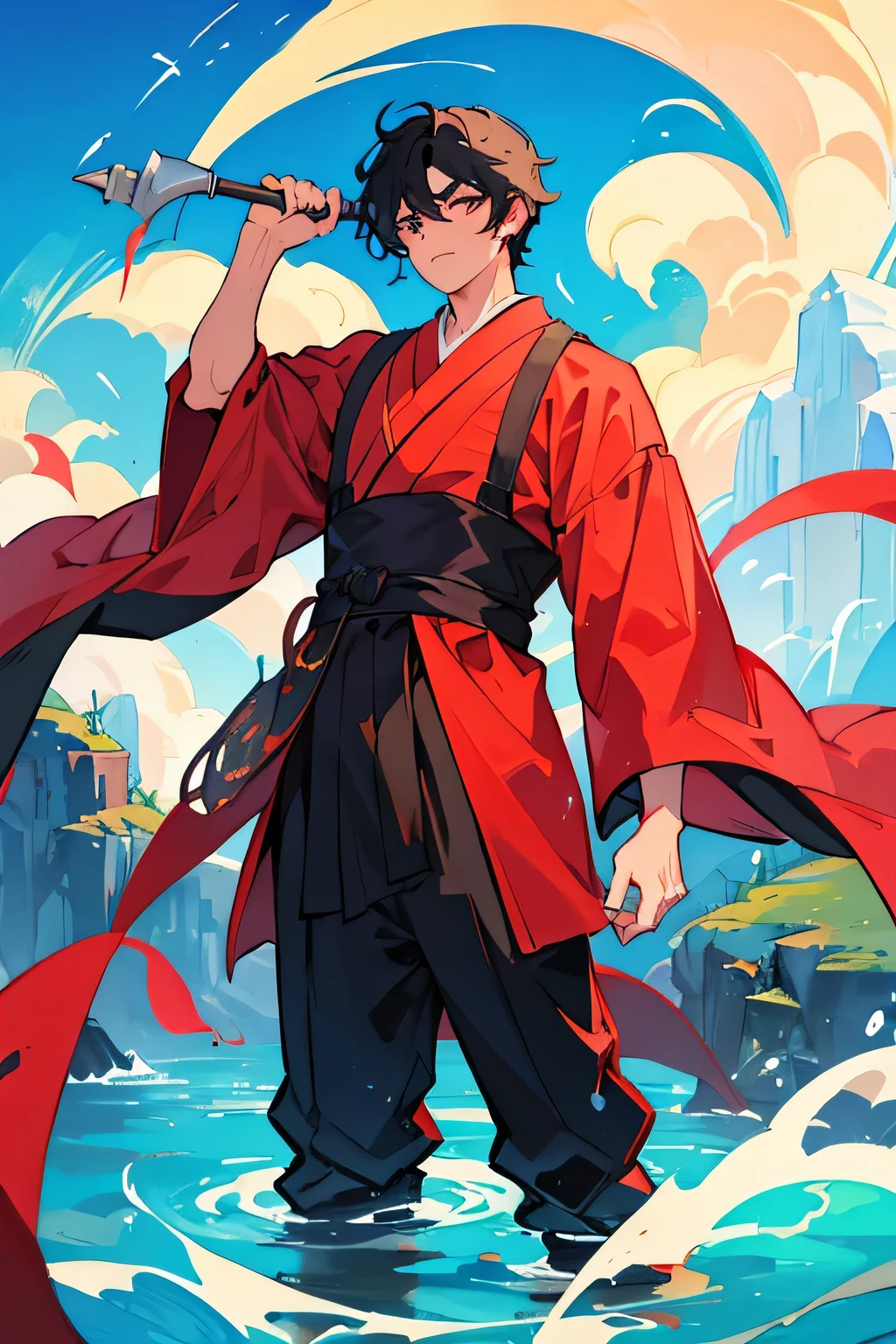 1 boy, black hair, black and red hanfu robes, ancient Chinese style, immortal cultivator