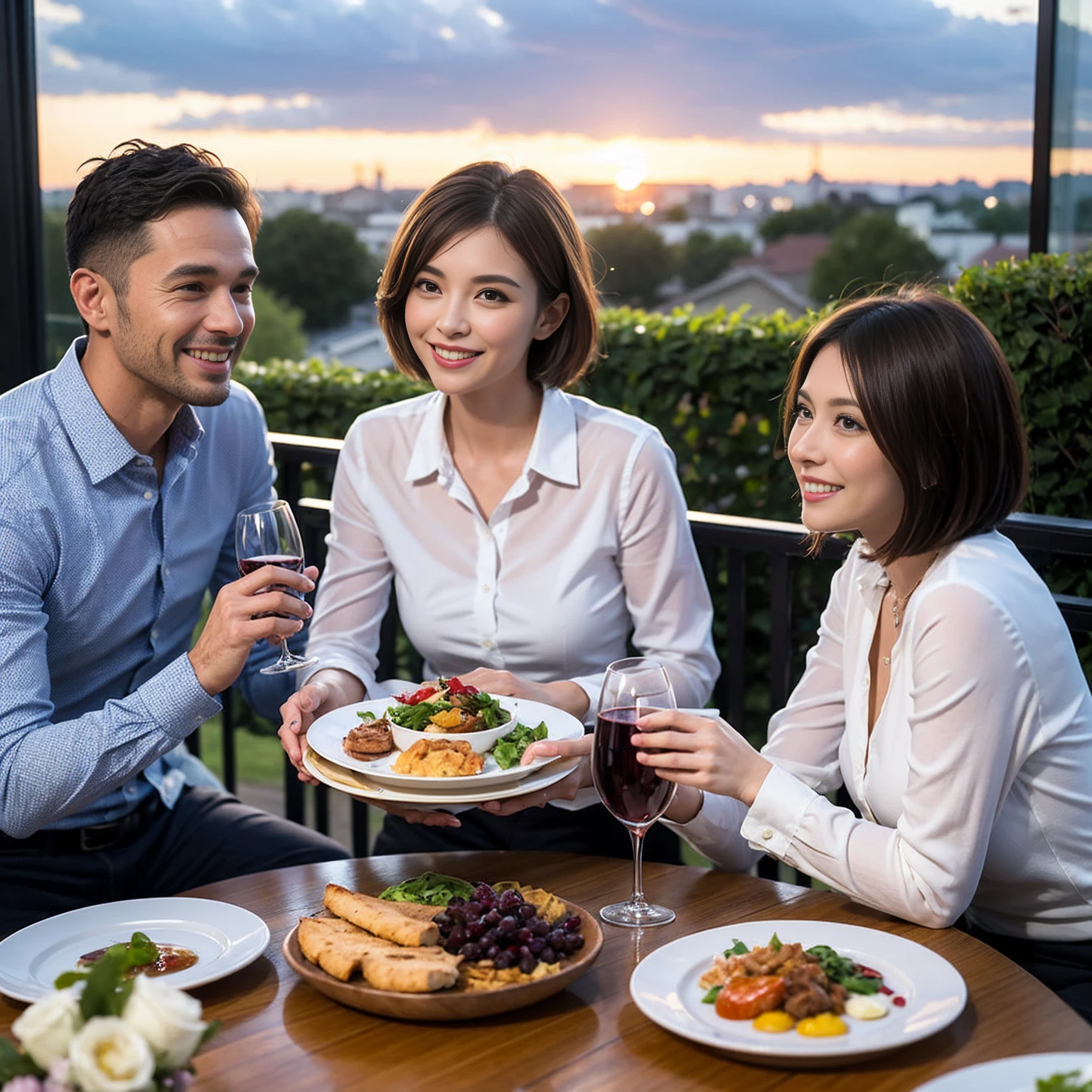 ((Highest quality、8k、masterpiece:1.3))、 (Genuineistic, Genuine、Bright image、Intricate details:1.2), 最高のsmile、1 male 1 female、Beautiful couple、spouse、fiancee、Good friends、actress couple、smile、Full-course dinner at a packed table、 (Slim face), (the body is slim), (Brown Hair), (short hair), テーブルのwine glass、Please shine a light on my face、 Amazing view of the sunset sky and clouds、 (42 years old)38 years old, red wine 、Appetizers、Wine bottle、sparkling wine、Long sleeve shirt、dress、White wine, red wine, wine glass,