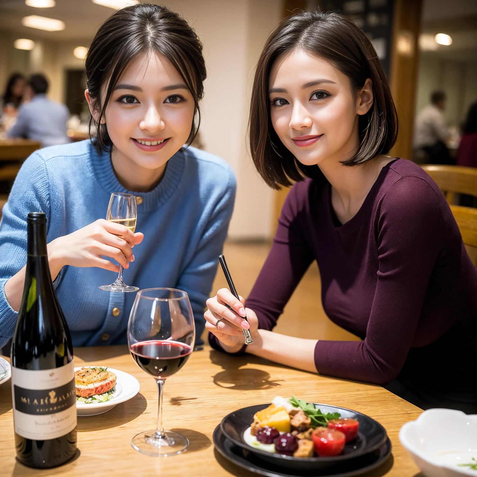 ((Highest quality、8k、masterpiece:1.3))、 (Genuineistic, Genuine、Bright image、Intricate details:1.2), 最高のsmile、1 male 1 female、Beautiful couple、spouse、fiancee、Good friends、actress couple、smile、Full-course dinner at a packed table、 (Slim face), (the body is slim), (Brown Hair), (short hair), テーブルのwine glass、Please shine a light on my face、 Amazing view of the sunset sky and clouds、 (42 years old)38 years old, red wine 、Appetizers、Wine bottle、sparkling wine、Long sleeve shirt、dress、White wine, red wine, wine glass,