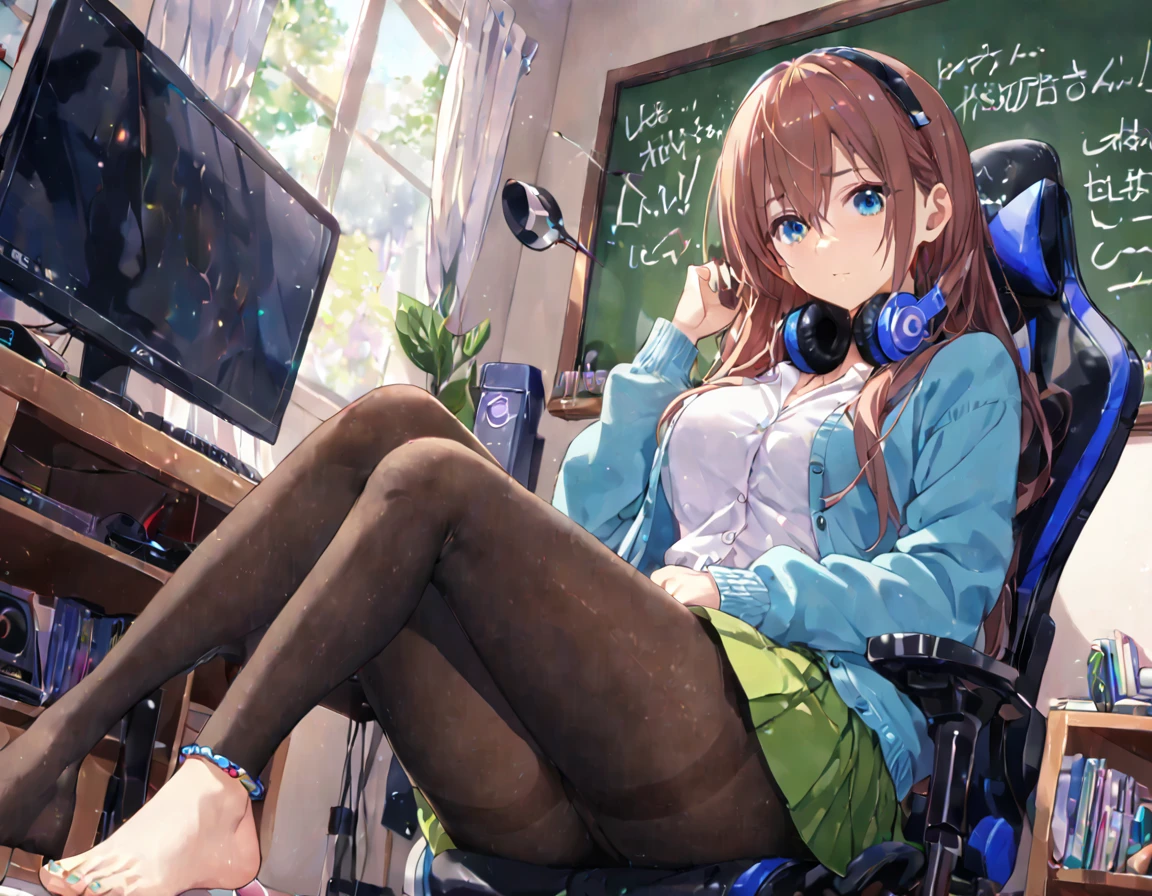score_9_up,score_8_up,score_7_up, A girl lounging in her bedroom, a PC monitor turned on, a gaming chair, a cluttered room, fetal position, Sparkling,, (8k), (super fine illustration), detailed beatiful face, detailed beatiful eyes, detailed beatiful hair, perfect body, perfect hands, dynamic pose, dutch angle}, , looking at viewer, 20-year-old woman, mikunakano, miku nakano, long hair, bangs, blue eyes, brown hair, shirt, hair between eyes, cardigan, headphones around neck, mature female, medium breasts, skirt, shirt, long sleeves, white shirt, pantyhose, pleated skirt, black pantyhose, cardigan, green skirt, blue cardigan, bare foot, foot focus, from below ,anklet, chalkboard, shiny skin, pale skin, colored toenails,