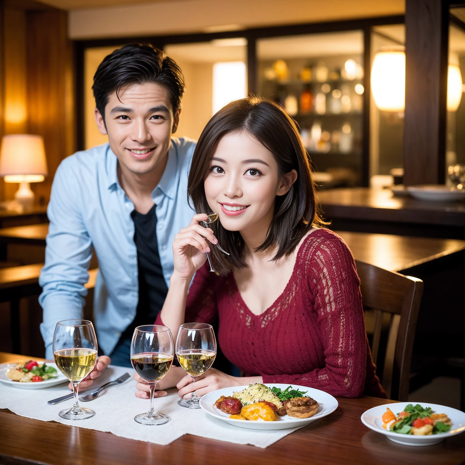 ((Highest quality、8k、masterpiece:1.3))、 (Genuineistic, Genuine、Bright image、Intricate details:1.2), 最高のsmile、1 male, 1 female、Beautiful couple、Satomi Ishihara-like lover、Good friends、actress couple、smile、Full-course dinner at a packed table、 (Slim face), (the body is slim), (Brown Hair), (short hair), テーブルのwine glass、Please shine a light on my face、 Amazing view of the sunset sky and clouds、 (36 years old)38 years old, red wine 、Appetizers、Wine bottle、sparkling wine、Long sleeve shirt、dress、White wine, red wine, wine glass, 