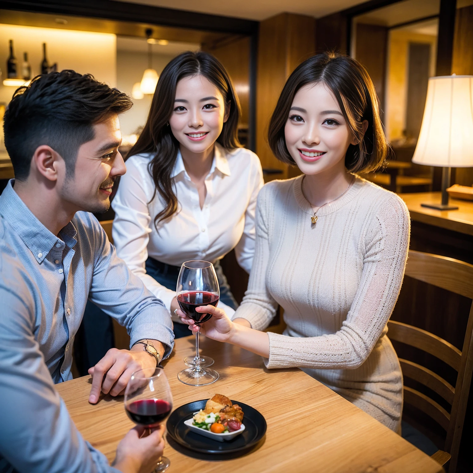 ((Highest quality、8k、masterpiece:1.3))、 (Genuineistic, Genuine、Bright image、Intricate details:1.2), 最高のsmile、1 male, 1 female、Beautiful couple、Satomi Ishihara-like lover、Good friends、actress couple、smile、Full-course dinner at a packed table、 (Slim face), (the body is slim), (Brown Hair), (short hair), テーブルのwine glass、Please shine a light on my face、 Amazing view of the sunset sky and clouds、 (36 years old)38 years old, red wine 、Appetizers、Wine bottle、sparkling wine、Long sleeve shirt、dress、White wine, red wine, wine glass,
