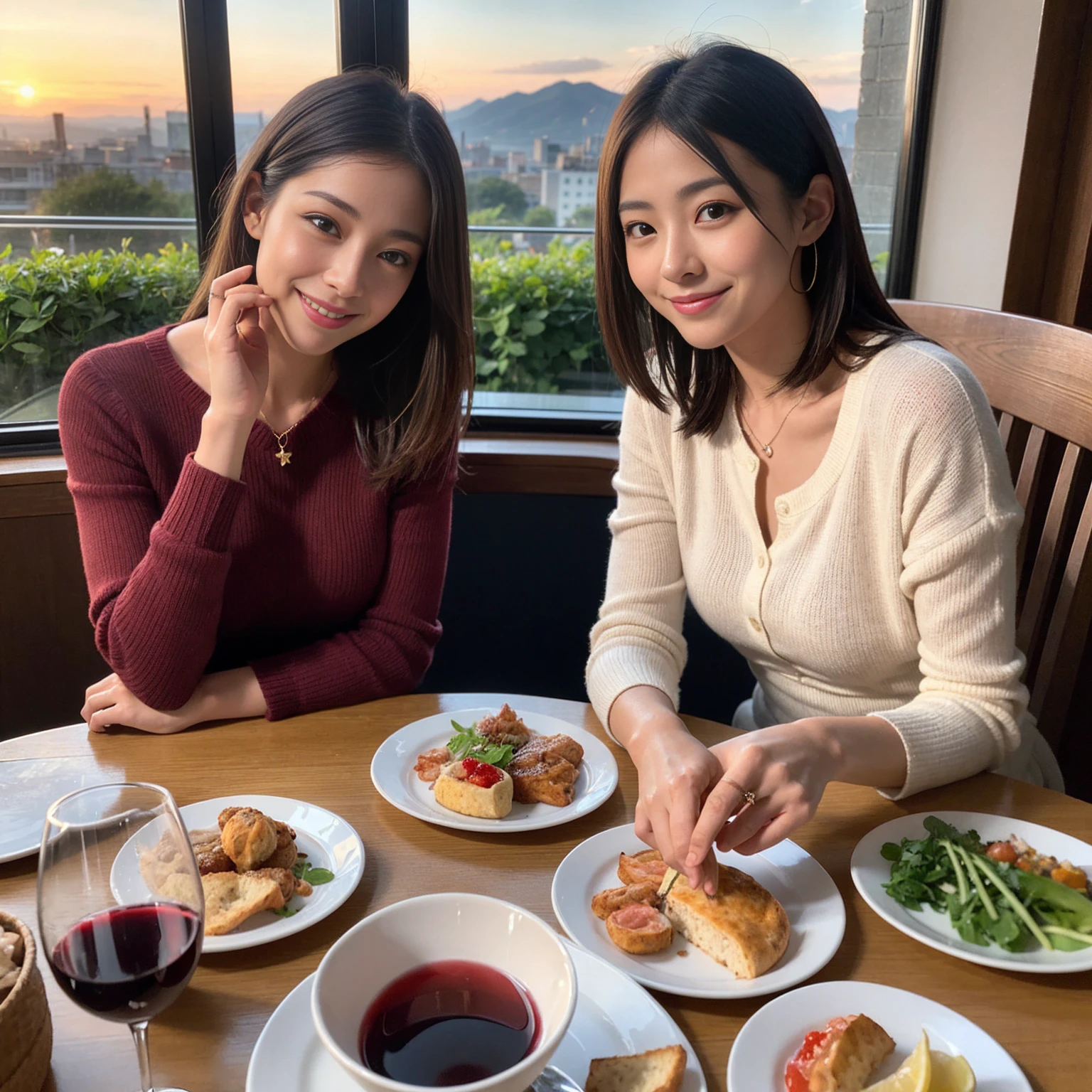 ((Highest quality、8k、masterpiece:1.3))、 (Genuineistic, Genuine、Bright image、Intricate details:1.2), 最高のsmile、1 male, 1 female、Beautiful couple、Satomi Ishihara-like lover、Good friends、actress couple、smile、Full-course dinner at a packed table、 (Slim face), (the body is slim), (Brown Hair), (short hair), テーブルのwine glass、Please shine a light on my face、 Amazing view of the sunset sky and clouds、 (36 years old)38 years old, red wine 、Appetizers、Wine bottle、sparkling wine、Long sleeve shirt、dress、White wine, red wine, wine glass, 
