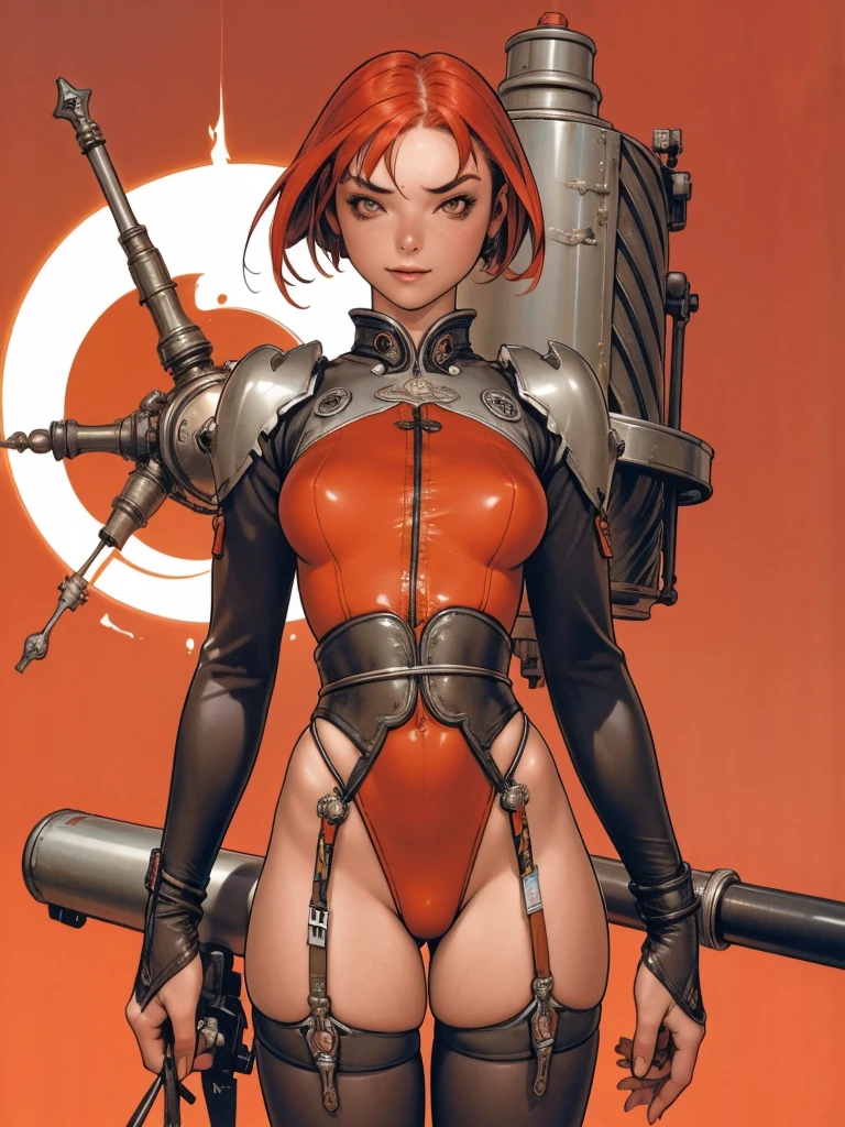 (((Light red Suit))), (((red hair bob haircut))), (((devilish smile))), (((melhor qualidade: 1.4))), (((full metal))), (((DuneWalker))), (((post-apocalypse))), (Unbeatable masterpiece), (hiper HD),(CG 8k hiper-realista), 1Garota armada em um mundo futurista usando roupas coloridas e modernas. Corte de cabelo ultra moderno, perfect body with robotic parts, seios grandes, bunda perfeita, muscles without exaggeration, rosto lindo com olhos azuis penetrantes, add textures to clothes and create something different from the usual, add accessories like garter belt, espartilho e luvas com listras, pele bronzeada e com brilho de molhado, industrial environment with giant heavy machines, Intricate machinery and giant robot parts