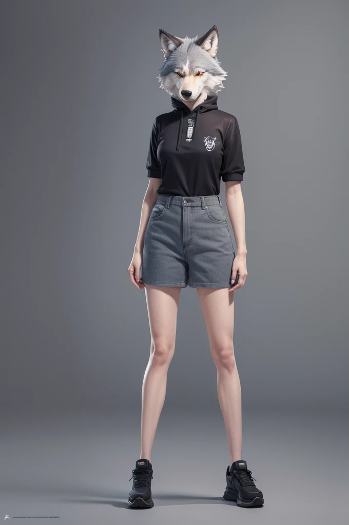 Create an image of a full-body anthropomorphic wolf in street clothes, desenho semi realista e com uma pouco de desenho Cartoon