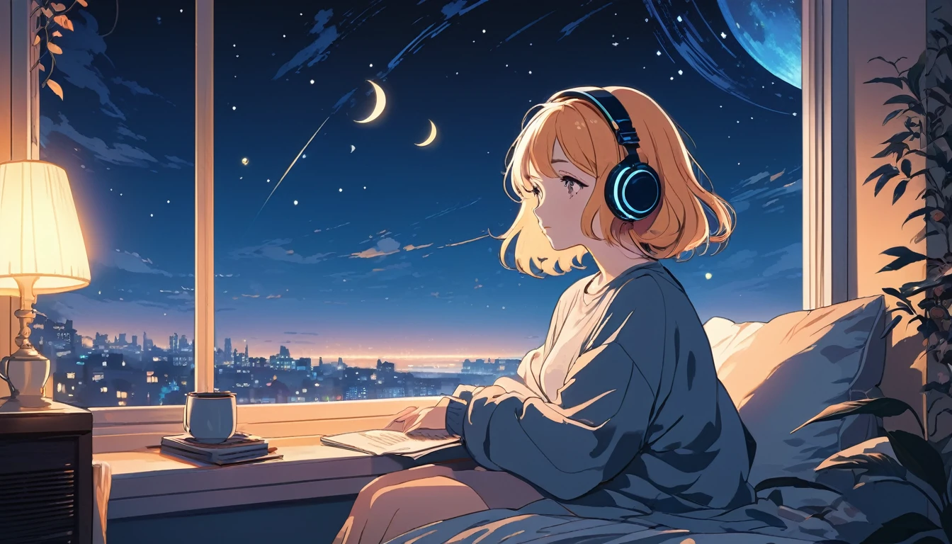 Beautiful woman listening to music、Night outside the window, Wide-angle lens, Lofi Anime, Lofi illustration, Aesthetic atmosphere, Lo-Fi Style, Vector art, Flat Design, Simple shape, Warm tones, Pleasant atmosphere, Chill, In anime style, Digital drawing, Vector art, Vector logo for t-shirt printing, (Adorable:1.5), (small:1.4), (Playful:1.2), (soft:1.3), (Whimsical:1.1), masterpiece, Highest quality, 8k, Intricate details, grow, Celestial, Mysterious, Picturesque, amazing, Majestic, Magic, Fantasy art, Cover art, dream-like