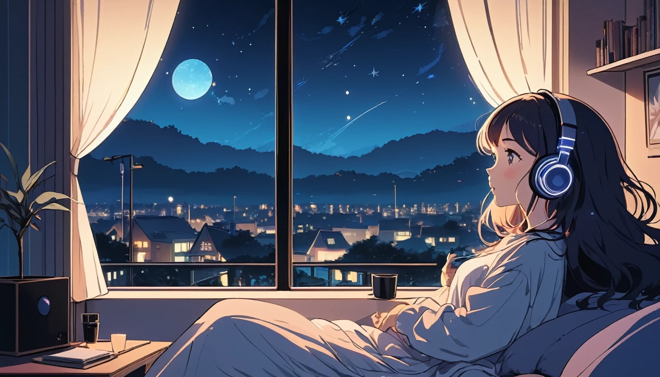Beautiful woman listening to music、Night outside the window, Wide-angle lens, Lofi Anime, Lofi illustration, Aesthetic atmosphere, Lo-Fi Style, Vector art, Flat Design, Simple shape, Warm tones, Pleasant atmosphere, Chill, In anime style, Digital drawing, Vector art, Vector logo for t-shirt printing, (Adorable:1.5), (small:1.4), (Playful:1.2), (soft:1.3), (Whimsical:1.1), masterpiece, Highest quality, 8k, Intricate details, grow, Celestial, Mysterious, Picturesque, amazing, Majestic, Magic, Fantasy art, Cover art, dream-like