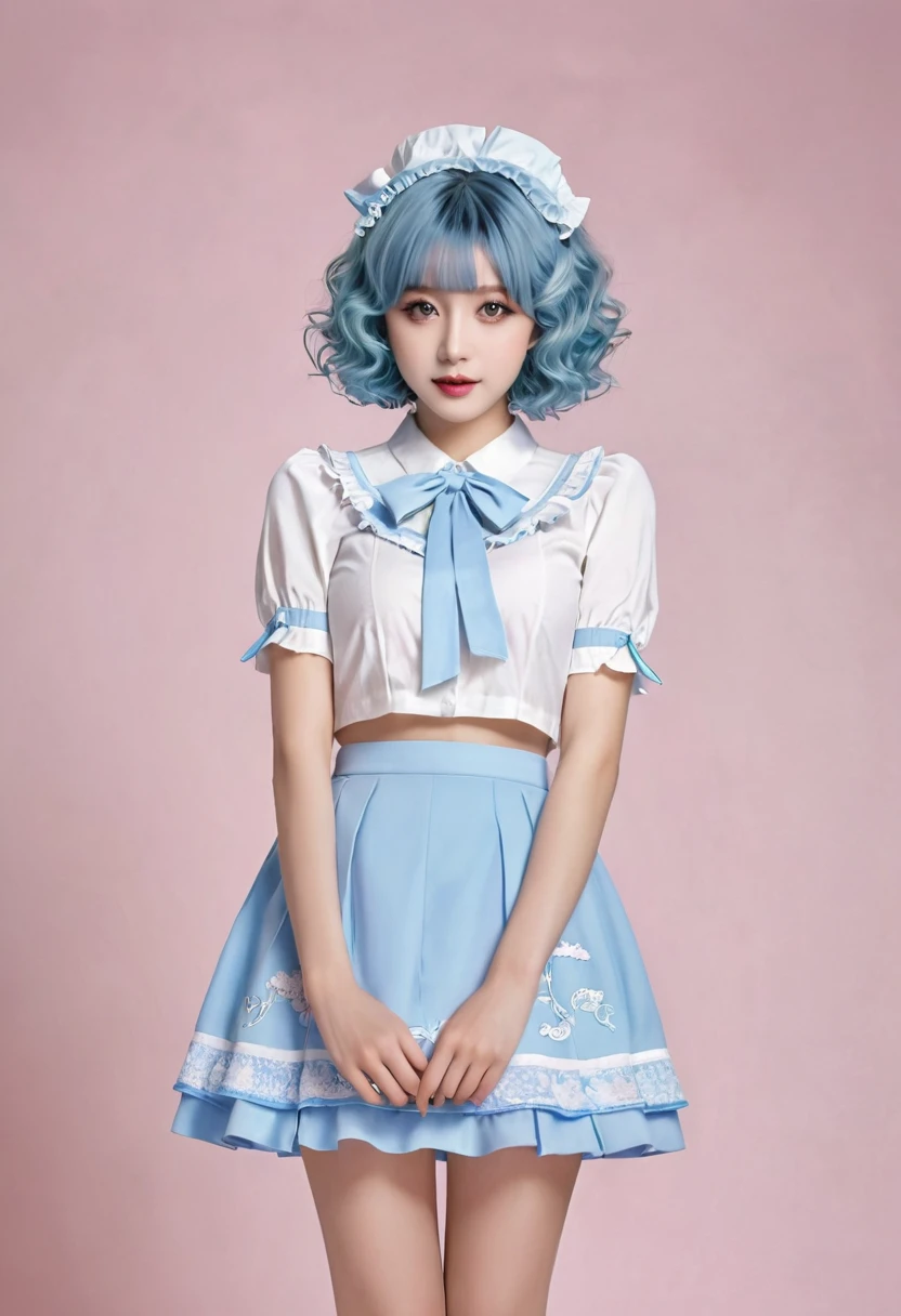 Sky blue short curly hair,Lolita Skirt,cute,detail,Q version,小巧cute