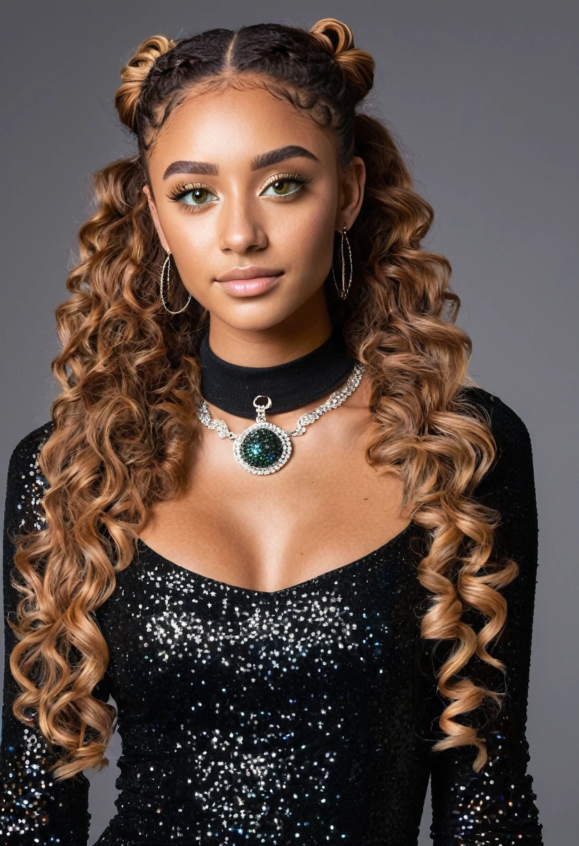 slightly tall young woman, light brown skin, light green eyes. Long brown curly hair with pigtails. wearing black long sleeve glittery dress:1.4, (blush:0.5), (goosebumps:0.5), front view, nose piercing, necklace, black neck chocker, transparent lipgloss, slim built, very beautiful, late adolescent, 19 years old, full body photo, long legs, at a red carpet event surrounded by glitz and glamour in Hollywood, daytime and outside