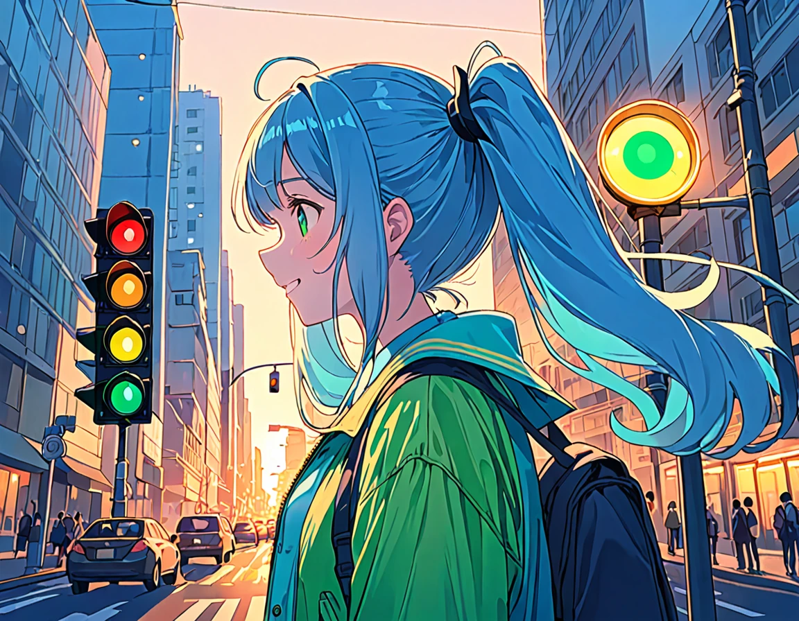 Downtown at sunset、Traffic lights flashing blue against the evening sky、There is a woman looking up at a traffic light floating in the sky., Light blue long hair、Beautiful girl with twin tails、Bright smile、Green blouson、The traffic light is flashing blue、 Lo-fi art style, Nostalgic and melancholic artwork, 