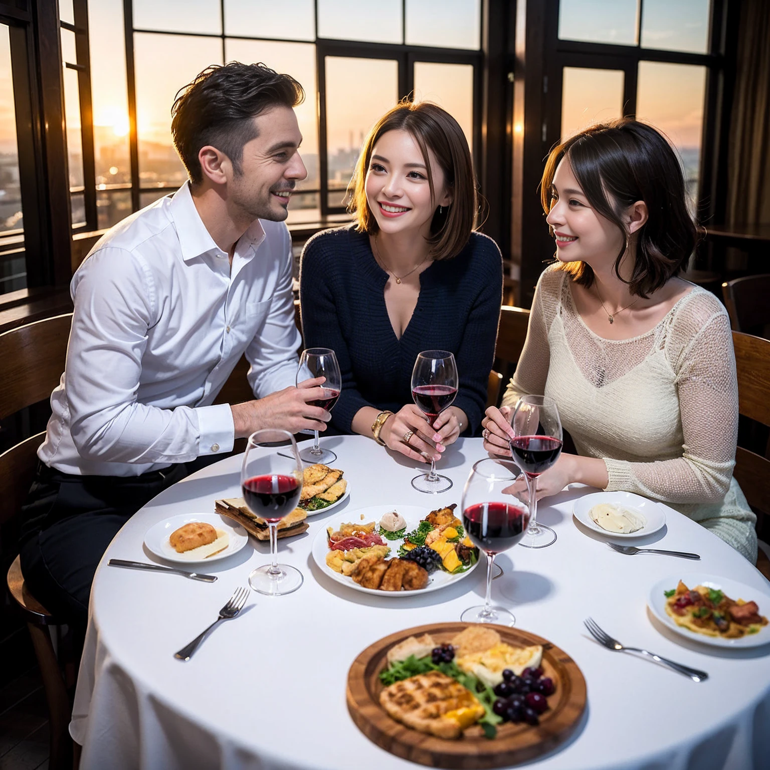 ((Highest quality、8k、masterpiece:1.3))、 (Genuineistic, Genuine、Bright image、Intricate details:1.2), 最高のsmile、1 male,1 female、Beautiful couple、spouse、fiancee、Good friends、actress couple、smile、Full-course dinner at a packed table、 (Slim face), (the body is slim), (Brown Hair), (short hair), テーブルのwine glass、Please shine a light on my face、 Amazing view of the sunset sky and clouds、 (42 years old)38 years old, red wine 、Appetizers、Wine bottle、sparkling wine、Long sleeve shirt、dress、White wine, red wine, wine glass, 