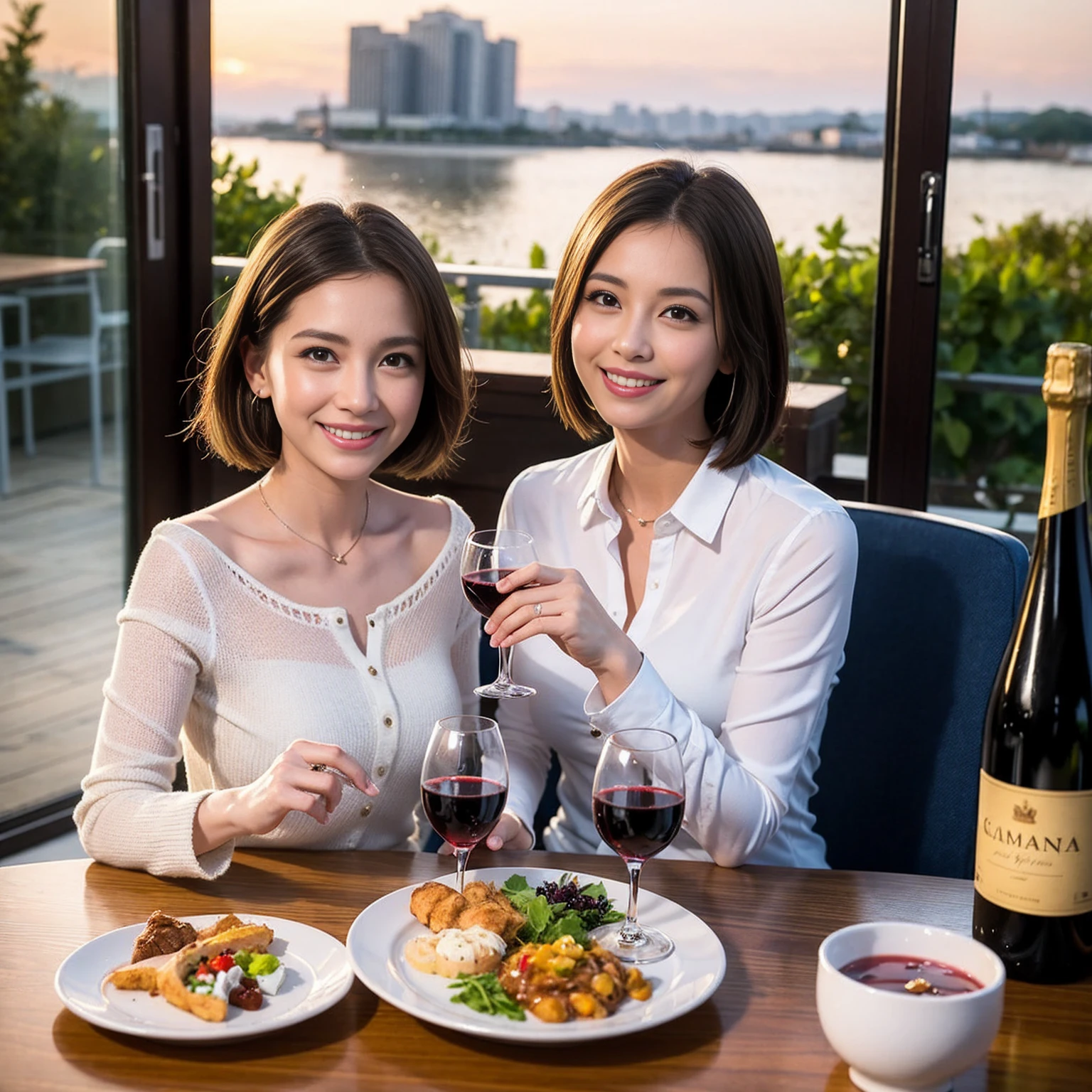 ((Highest quality、8k、masterpiece:1.3))、 (Genuineistic, Genuine、Bright image、Intricate details:1.2), 最高のsmile、1 male,1 female、Beautiful couple、spouse、fiancee、Good friends、actress couple、smile、Full-course dinner at a packed table、 (Slim face), (the body is slim), (Brown Hair), (short hair), テーブルのwine glass、Please shine a light on my face、 Amazing view of the sunset sky and clouds、 (42 years old)38 years old, red wine 、Appetizers、Wine bottle、sparkling wine、Long sleeve shirt、dress、White wine, red wine, wine glass,
