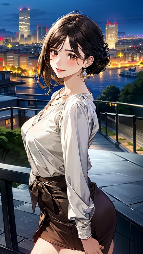 (masterpiece:1.3, Highest quality, Ultra-high resolution, Super detailed), (Realistic, photoRealistic:1.4), Beautiful illustrations, Perfect lighting, colorful, Depth of written boundary, 
Beautiful detailed hair, Beautifully detailed face, Beautiful fine details, Beautiful clavicle, Beautiful body, 美しいLarge Breasts, Beautiful thighs, Beautiful feet, Beautiful fingers, 
View Viewer、Front view:0.6, Beauty1人, Japanese, Beauty、30 years old, Perfect Face, (Perfect Anatomy, Anatomically correct), Cute and symmetrical face, , , Shiny skin, 
((Stylish brown long sleeve blouse:1.4)),((Long wrap-around skirt:1.5))
(Black Hair, Updo Hair:1.4),  Dark brown eyes, (Large Breasts), Slim body, 
necklace, Small earrings:1.1, 
(Beautiful views), (night), (city, cityscape in the distance), Standing with good posture, A soft smile、(Smile, Lips parted), 