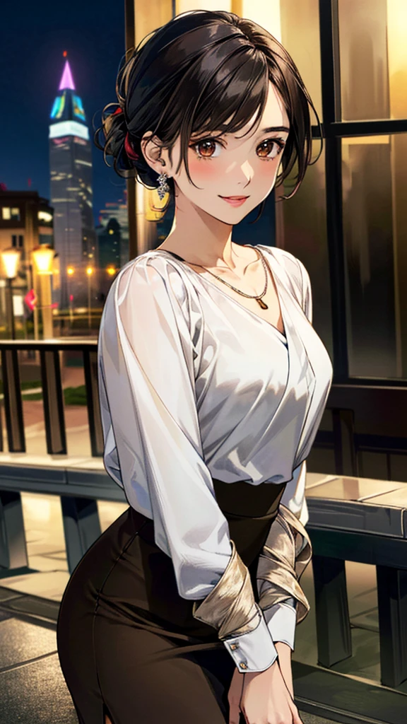 (masterpiece:1.3, Highest quality, Ultra-high resolution, Super detailed), (Realistic, photoRealistic:1.4), Beautiful illustrations, Perfect lighting, colorful, Depth of written boundary,
Beautiful detailed hair, Beautifully detailed face, Beautiful fine details, Beautiful clavicle, Beautiful body, 美しいLarge Breasts, Beautiful thighs, Beautiful feet, Beautiful fingers,
View Viewer、Front view:0.6, Beauty1人, Japanese, Beauty、30 years old, Perfect Face, (Perfect Anatomy, Anatomically correct), Cute and symmetrical face, Baby Face, , Shiny skin,
((Stylish brown long sleeve blouse:1.4)),((Long wrap-around skirt:1.5))
(Black Hair, Updo Hair:1.4), Dark brown eyes, (Large Breasts), Slim body,
necklace, Small earrings:1.1,
(Beautiful views), (night), (city, cityscape in the distance), Standing with good posture, A soft smile、(Smile, Lips parted),