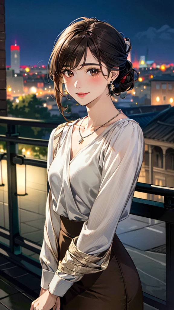 (masterpiece:1.3, Highest quality, Ultra-high resolution, Super detailed), (Realistic, photoRealistic:1.4), Beautiful illustrations, Perfect lighting, colorful, Depth of written boundary,
Beautiful detailed hair, Beautifully detailed face, Beautiful fine details, Beautiful clavicle, Beautiful body, 美しいLarge Breasts, Beautiful thighs, Beautiful feet, Beautiful fingers,
View Viewer、Front view:0.6, Beauty1人, Japanese, Beauty、30 years old, Perfect Face, (Perfect Anatomy, Anatomically correct), Cute and symmetrical face, Baby Face, , Shiny skin,
((Stylish brown long sleeve blouse:1.4)),((Long wrap-around skirt:1.5))
(Black Hair, Updo Hair:1.4), Dark brown eyes, (Large Breasts), Slim body,
necklace, Small earrings:1.1,
(Beautiful views), (night), (city, cityscape in the distance), Standing with good posture, A soft smile、(Smile, Lips parted),