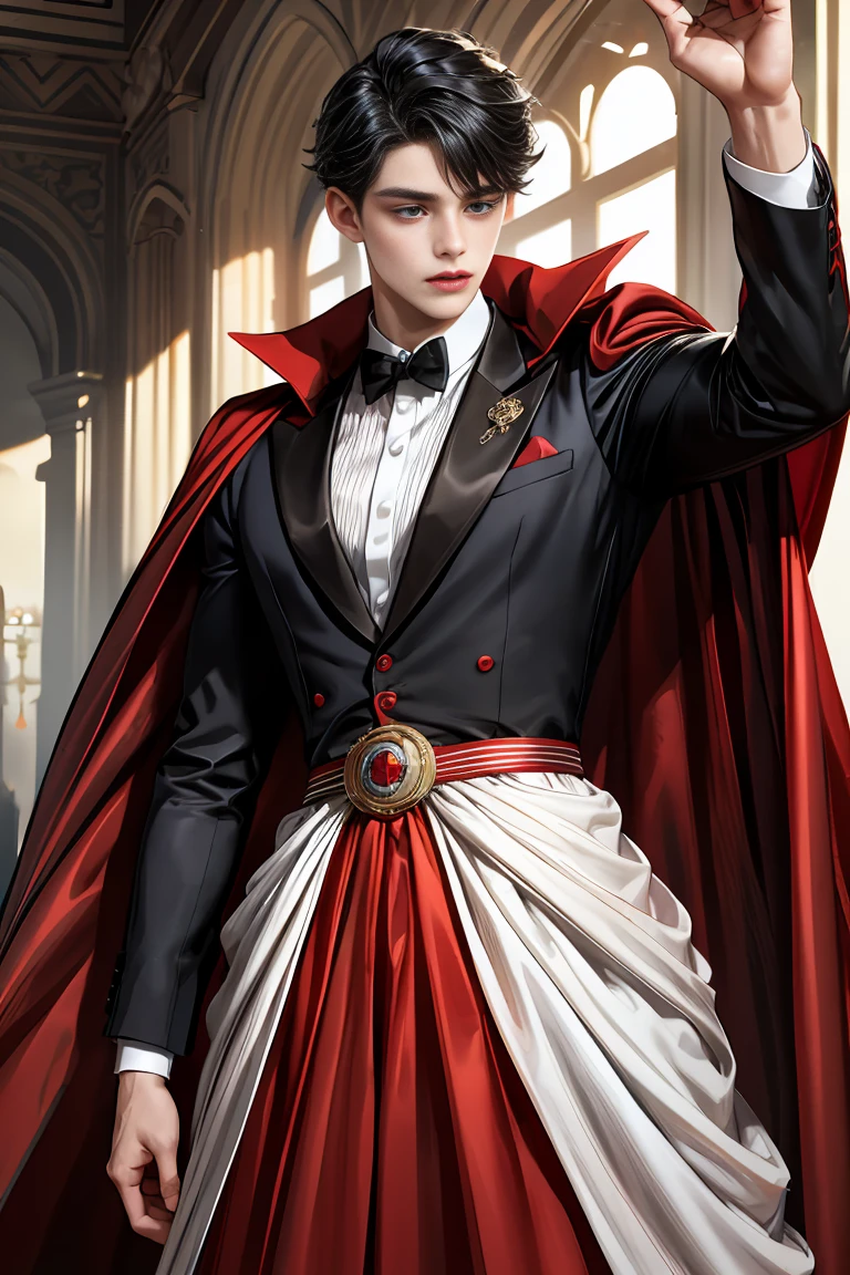 
masterpiece, 最high quality, high quality, 1 boy, alone, Male focus, Watching the audience,  Messy black hair, Adorable big blue eyes, White people, Noble, Noble,Sexy voluminous black and red cape、Tuxedo、A very voluminous, large, very large, very large, long, long red and black cape with a high stand-up collar, reaching down to the floor, made of a lot of fabric., ,Cute beautiful boys,Cute, cute, kind, handsome guy