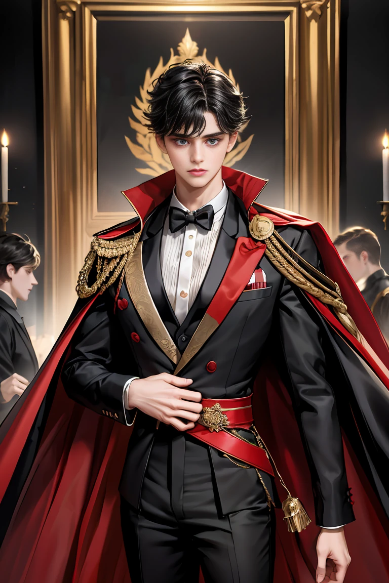 masterpiece, 最high quality, high quality, 1 boy, alone, Male focus, Watching the audience, Messy black hair, Adorable big blue eyes, White people, Noble, Noble,Sexy voluminous black and red cape、Tuxedo、A very voluminous, large, very large, very large, long, long red and black cape with a high stand-up collar, reaching down to the floor, made of a lot of fabric., ,Cute beautiful boys,Cute, cute, kind, handsome guy