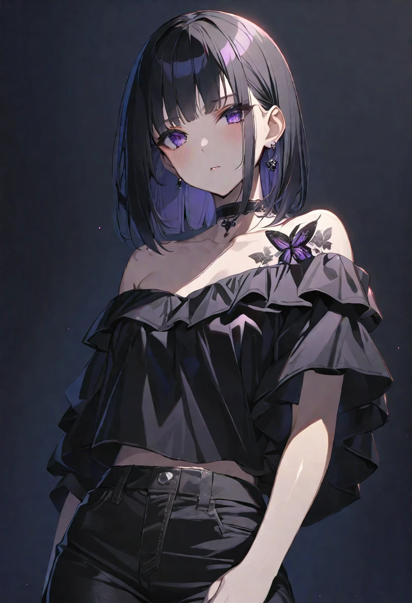 solo, handsome, Glossy feel,
1. Female,
Hime cut,Straight Hair,Bob Hair, 
black hair, 
Nakano Yotsuba,
purple Eyes,Soft look,beautiful,beautiful,Sexy,Darkness,butterfly Tattoo,Lots of black earrings,choker,
black Off Shoulder,black Distressed jeans,
skin,Black Rose,Alluring,
black  background,Black Rose
