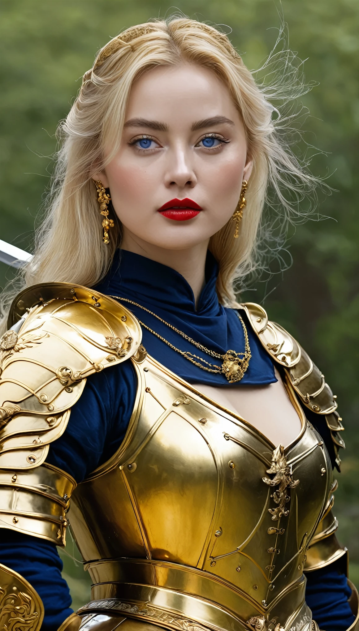 masterpiece,Highest quality,wonderful,(female knight_female knight:1),(Full body golden armor:1.3), (35歳のfemale knight:1.3),、Big and ample breasts, Big Breasts,Big Breasts,belly button,Hyper Real,中世ヨーロッパの都市のbattlefieldにいる,Expressionless,、British women、Delicate skin texture to the smallest detail 、(Detailed blue eyes)、(Chubby body type))、(Very large)、Middle-aged women、(ふわふわblondeの長い髪)、Wheat tanned skin、(blonde)、Very large、European female knight、Big Breastsの谷間、豪華に装飾されたFull body golden armor、Medieval witch、High Leg、Golden long boots with flashy decorations、Deep neckline、Pure gold and jewellery necklaces and collars、Big gold earrings、Bright red lips、豪華なFull body golden armorを着て、Gold Long Gloves、She has a big long sword、The sword is ornately decorated..........................、The blade is pitch black、(female knight)、(battlefield)、