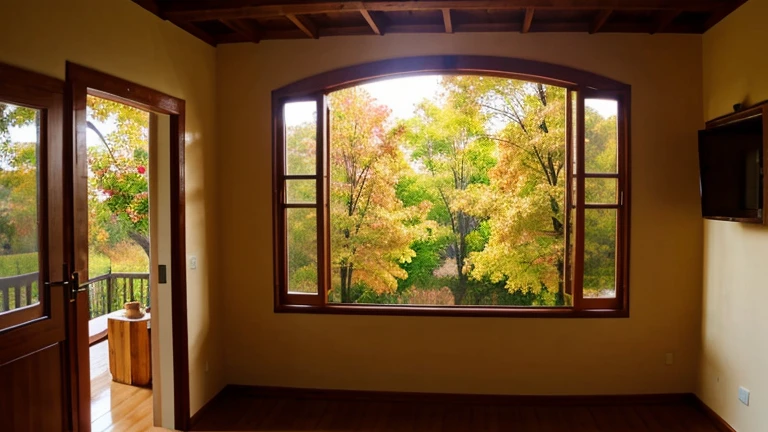 warm and homely house, in autumn, una hoja en la ventana