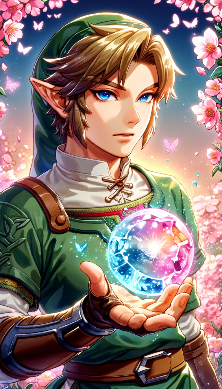 absurdres, highres, ultra detailed, HDR, master piece, best quality, Link, brown hair, expressive blue eyes, the legend of zelda twilight princess, solo, sexy man, handsome, green tunic, green hat, brown gauntlets, magical, fantasy, shining, pink flowers, pink blossoms, pink butterflies, pink petals, water