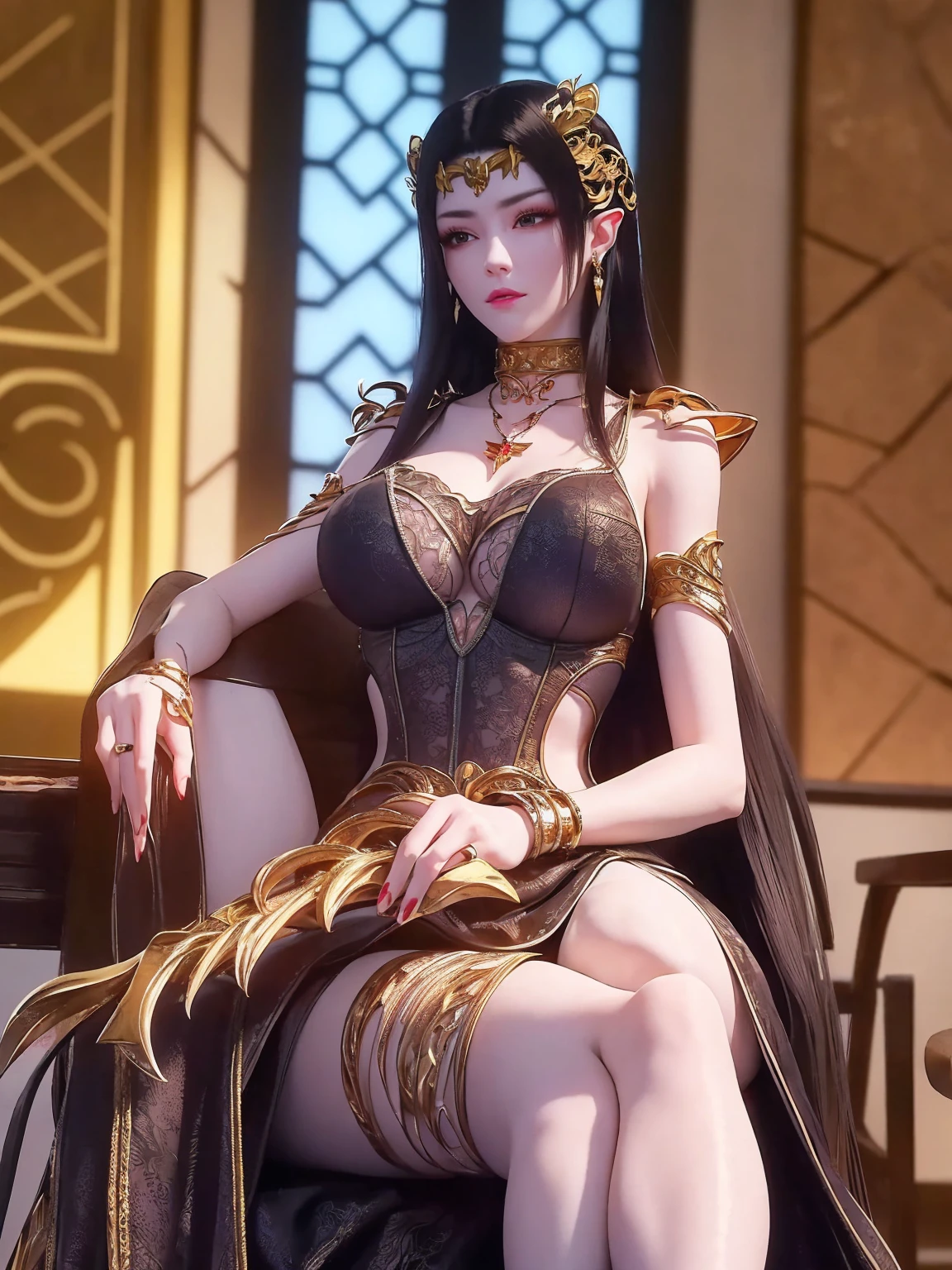 Throw,(8k, original photo, best quality, masterpiece:1.2),(actual, photo-actual:1.37),photo mapping,professional lighting,Radiosity,1 girl,alone,pocket thong、(((big breasts))), split, (((spread legs))),long hair,(bracelet:1.1),(long legs:1.2),(earrings:1.1),Physically based rendering,Taikou,Performance,Egyptian costumes,Dark blue and gold dress,shiny dress,right hand,Overhead halo,Lights illuminate faces in dark rooms,