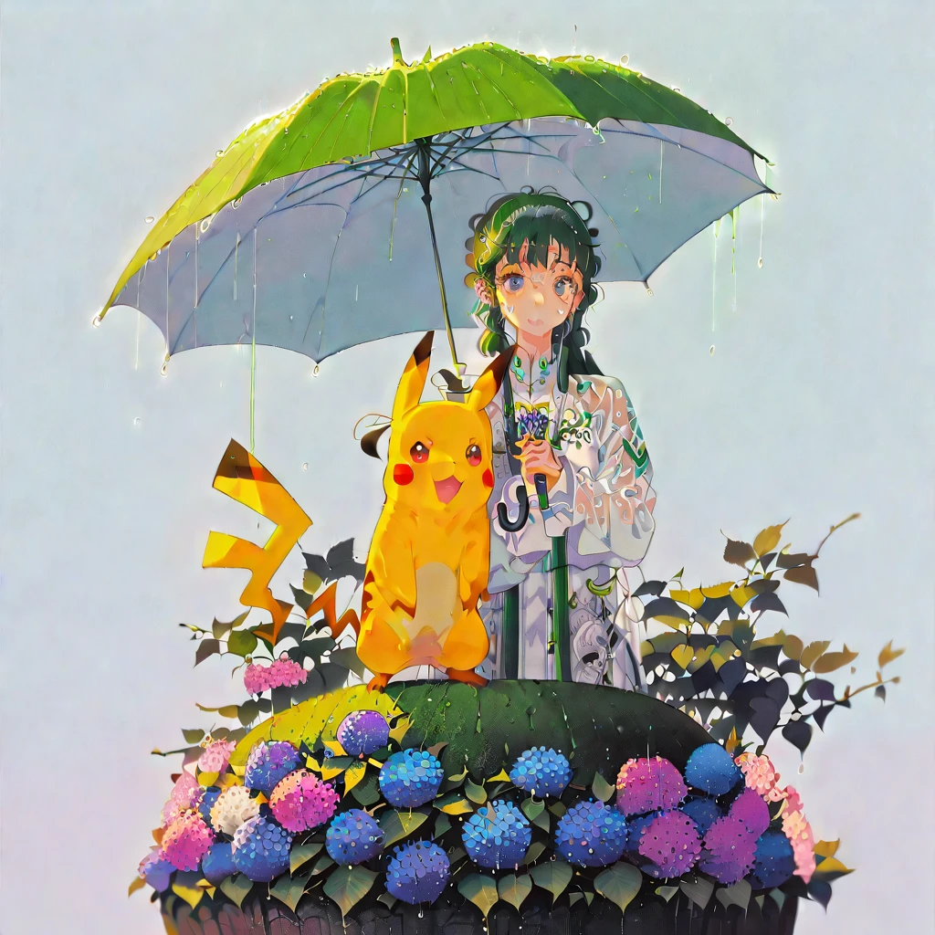 ((anime:1.4,illustration)),(masterpiece, top quality, best quality),(ultra-detailed, absolutely resolution),((16k, high res)),

(((A sphere made of hydrangeas, Pikachu standing on it,
Pikachu holding an umbrella, rain, light blue background))

((cozy lofi illustration:1.4)), ((anime:1.4, illustration)),(masterpiece, top quality, best quality),(ultra-detailed, absolutely resolution),((16k, high res)) BREAK {lofi art, style of Laurie Greasley, style of Makoto Shinkai, anime aesthetic}, BREAK { (produces images with information than 40 million pixels with cinematic-like detailed textures shot on a Sony SLR).}