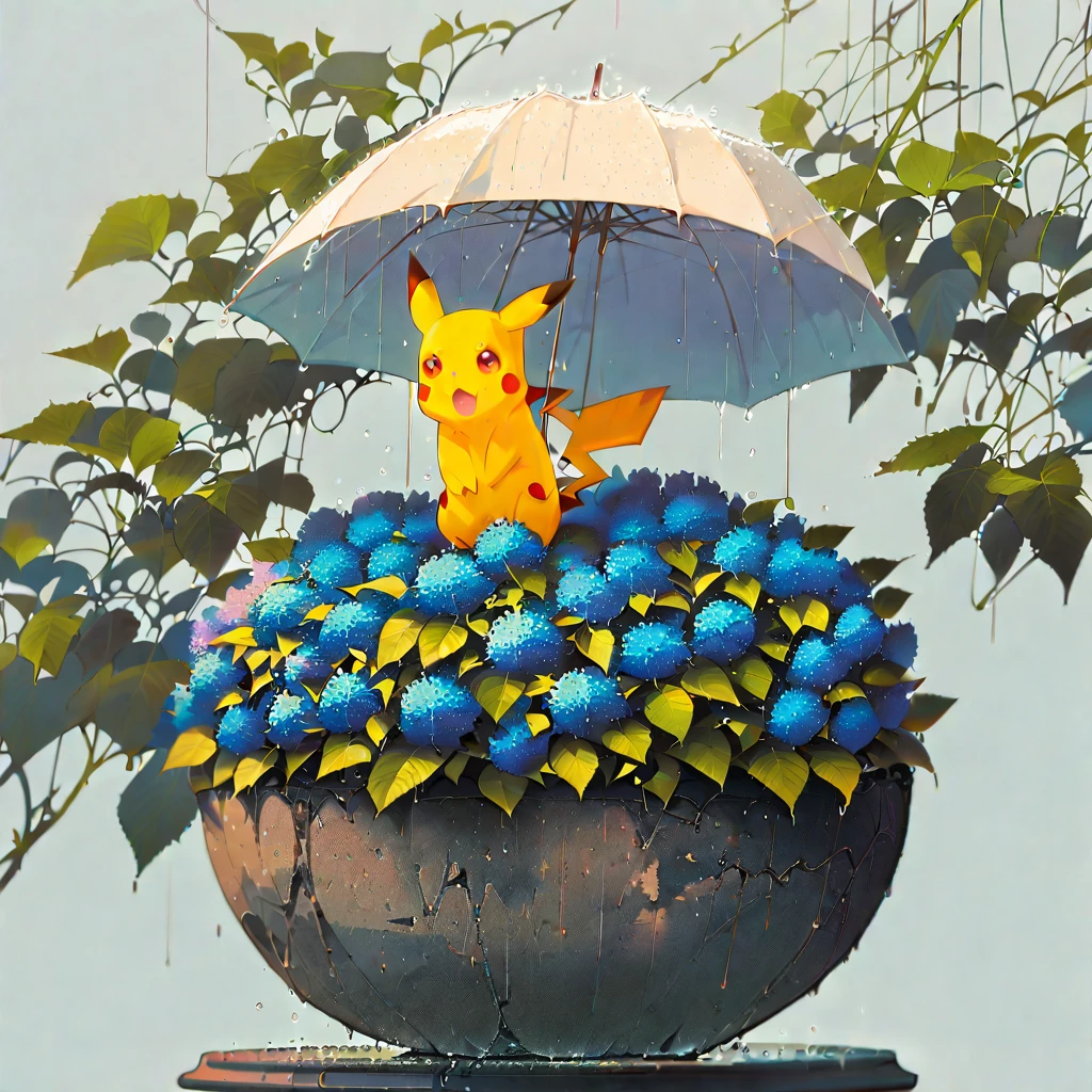 ((anime:1.4,illustration)),(masterpiece, top quality, best quality),(ultra-detailed, absolutely resolution),((16k, high res)),
(((A sphere made of hydrangeas, Pikachu standing on it,
Pikachu holding an umbrella, rain, light blue background))
((cozy lofi illustration:1.4)), ((anime:1.4, illustration)),(masterpiece, top quality, best quality),(ultra-detailed, absolutely resolution),((16k, high res)) BREAK {lofi art, style of Laurie Greasley, style of Makoto Shinkai, anime aesthetic}, BREAK { (produces images with information than 40 million pixels with cinematic-like detailed textures shot on a Sony SLR).}