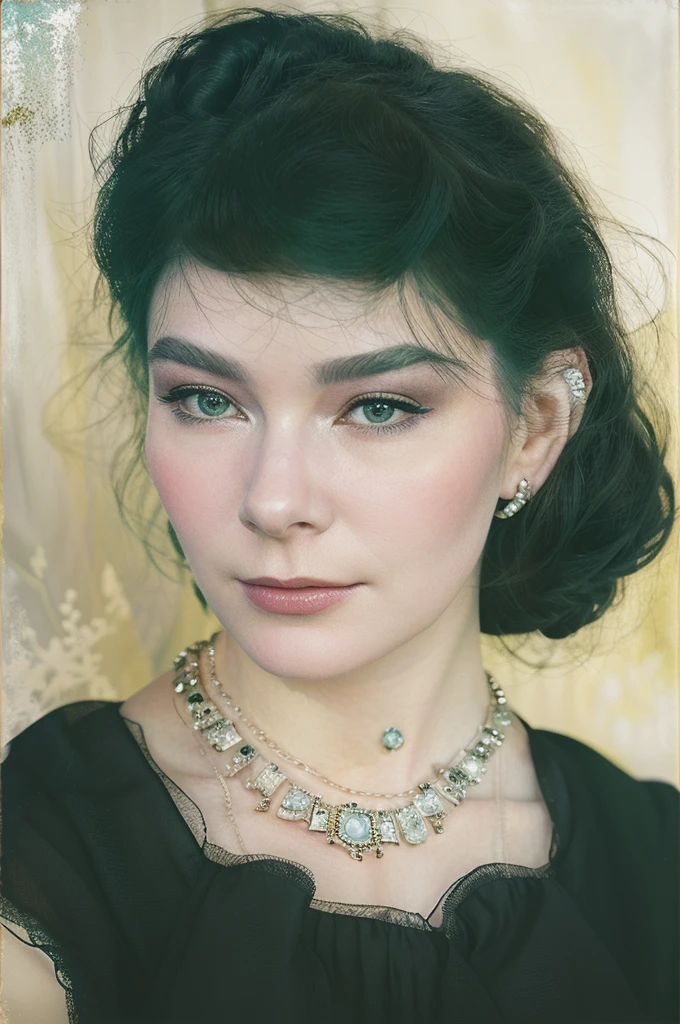 arafed photo of a woman with a necklace and a necklace, photorealistic portrait of bjork, digital art of an elegant, a colorized photo, old color photograph, inspired by Emil Orlik, inspired by Evaline Ness, mariel hemmingway, colourized, colorized photograph, old color photo, inspired by Antônio Parreiras