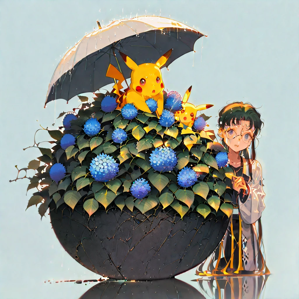 ((anime:1.4,illustration)),(masterpiece, top quality, best quality),(ultra-detailed, absolutely resolution),((16k, high res)),
(((A sphere made of hydrangeas, Pikachu standing on it,
Pikachu holding an umbrella, rain, light blue background))
((cozy lofi illustration:1.4)), ((anime:1.4, illustration)),(masterpiece, top quality, best quality),(ultra-detailed, absolutely resolution),((16k, high res)) BREAK {lofi art, style of Laurie Greasley, style of Makoto Shinkai, anime aesthetic}, BREAK { (produces images with information than 40 million pixels with cinematic-like detailed textures shot on a Sony SLR).}
