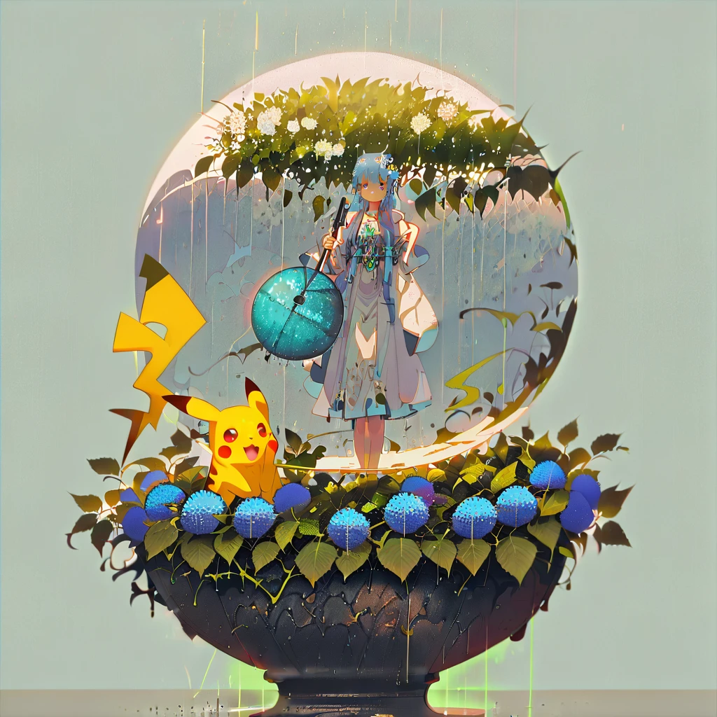 ((anime:1.4,illustration)),(masterpiece, top quality, best quality),(ultra-detailed, absolutely resolution),((16k, high res)),

(((A sphere made of hydrangeas, Pikachu standing on it,
Pikachu holding an umbrella, rain, light blue background))

((cozy lofi illustration:1.4)), ((anime:1.4, illustration)),(masterpiece, top quality, best quality),(ultra-detailed, absolutely resolution),((16k, high res)) BREAK {lofi art, style of Laurie Greasley, style of Makoto Shinkai, anime aesthetic}, BREAK { (produces images with information than 40 million pixels with cinematic-like detailed textures shot on a Sony SLR).}